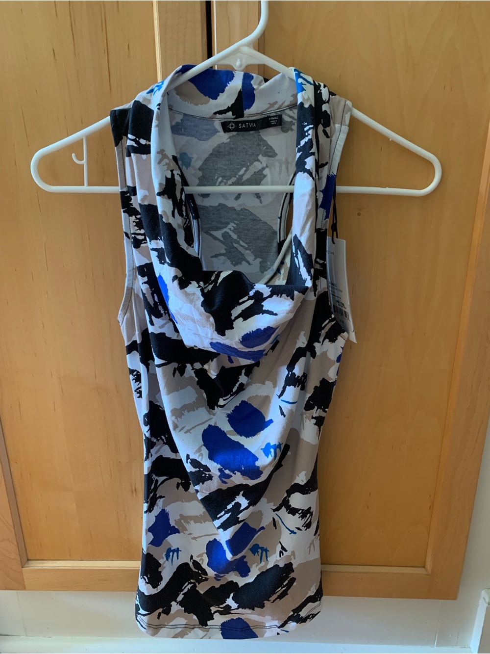 Blue Black and Beige Abstract Cowl-Neck Cami